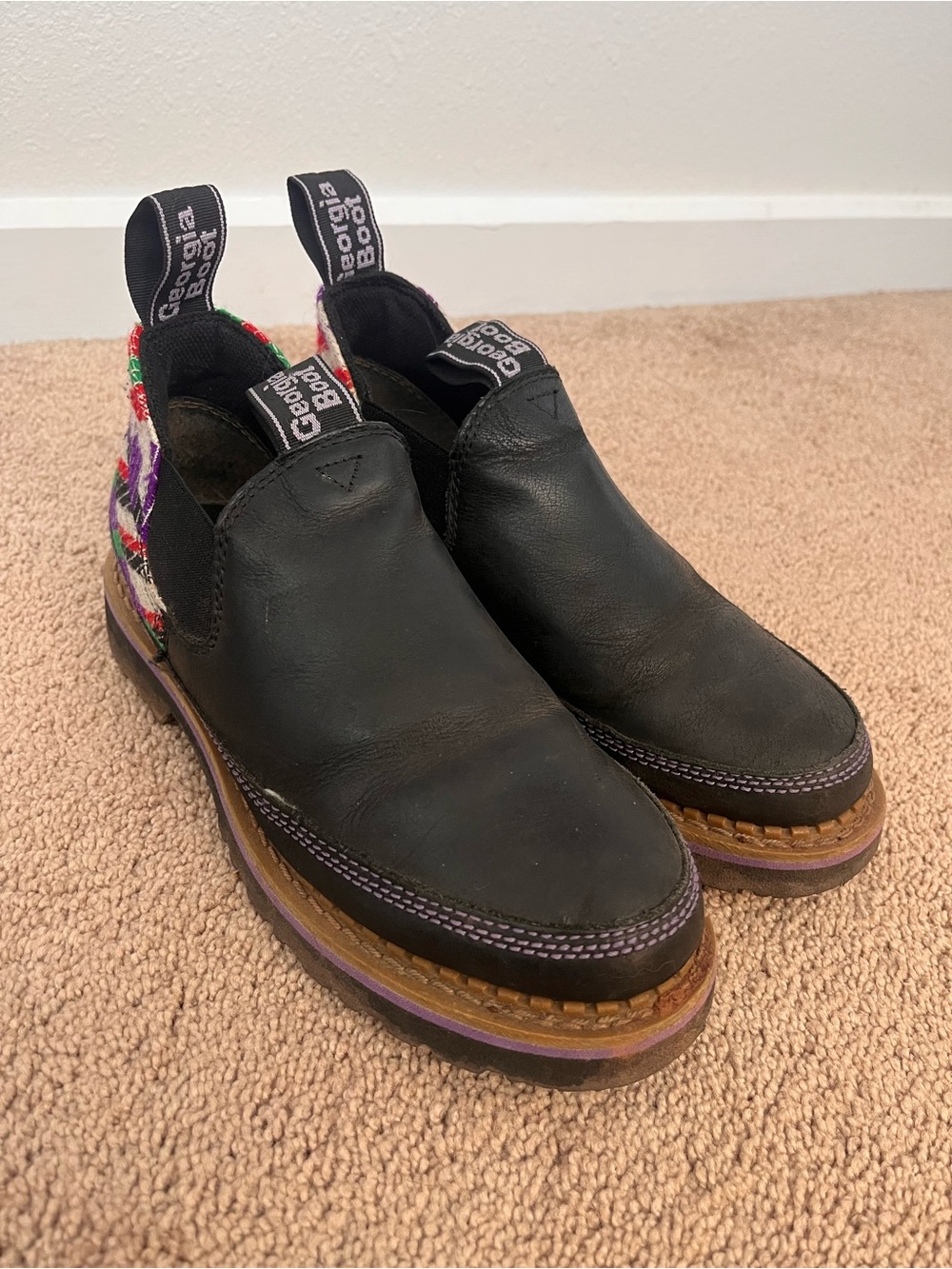Georgia Boot Black Leather Slip-On Boots with Colorful Heel Accents